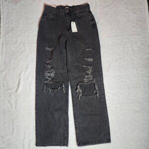 Forever 21 Black Washed 90'S Fit Loose Fit Relaxed Leg Distressed Jeans 27